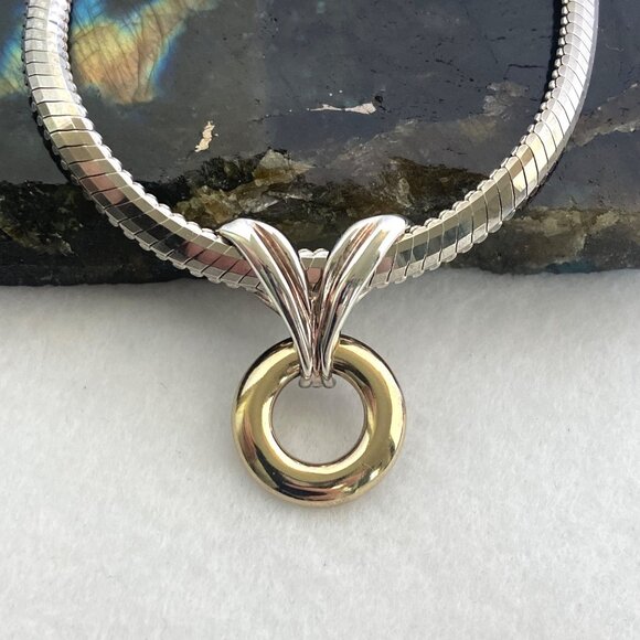 Sterling Silver 925 Vermeil Two Tone Round Slide Pendant Necklace Herringbone - Picture 1 of 16